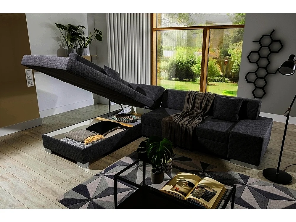 Canapé d'angle convertible en tissu luxe 5 places, coffre - noir, angle gauche (vu de face), PORTOFINO