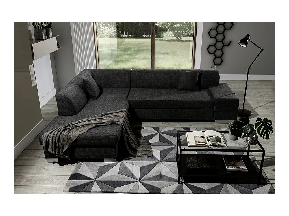 Canapé d'angle convertible en tissu luxe 5 places, coffre - noir, angle gauche (vu de face), PORTOFINO