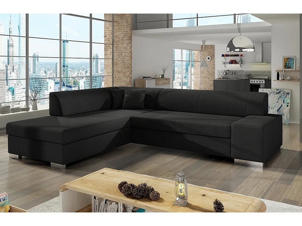 Canapé d'angle convertible en tissu luxe 5 places, coffre - noir, angle gauche (vu de face), PORTOFINO