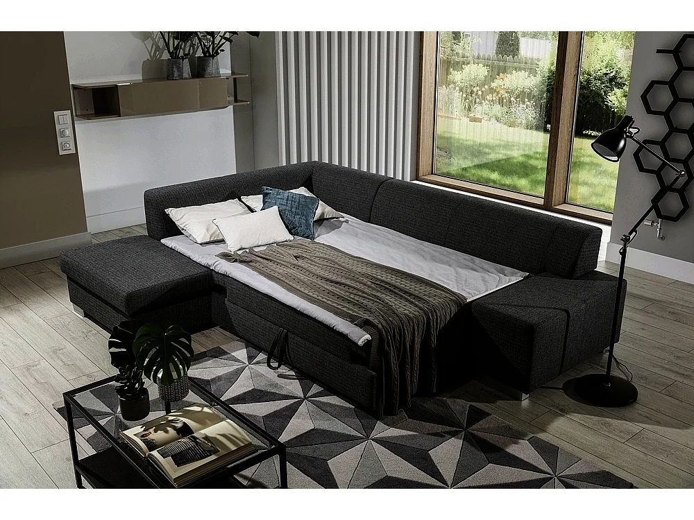 Canapé d'angle convertible en tissu luxe 5 places, coffre - noir, angle gauche (vu de face), PORTOFINO