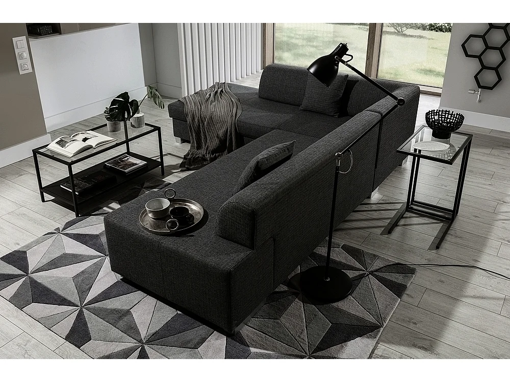 Canapé d'angle convertible en tissu luxe 5 places, coffre - noir, angle gauche (vu de face), PORTOFINO