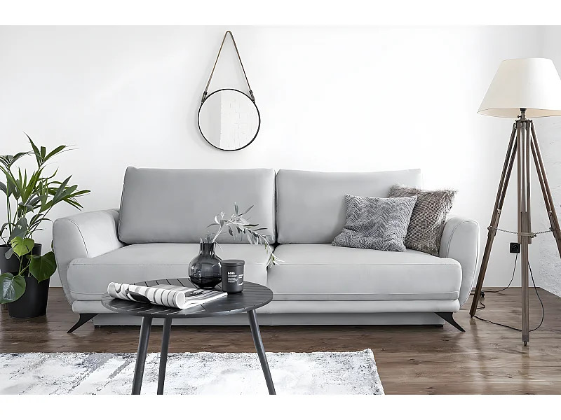 Canapé 3/4 places convertible - GRIS - en tissu velours de qualité luxe, MEGANE