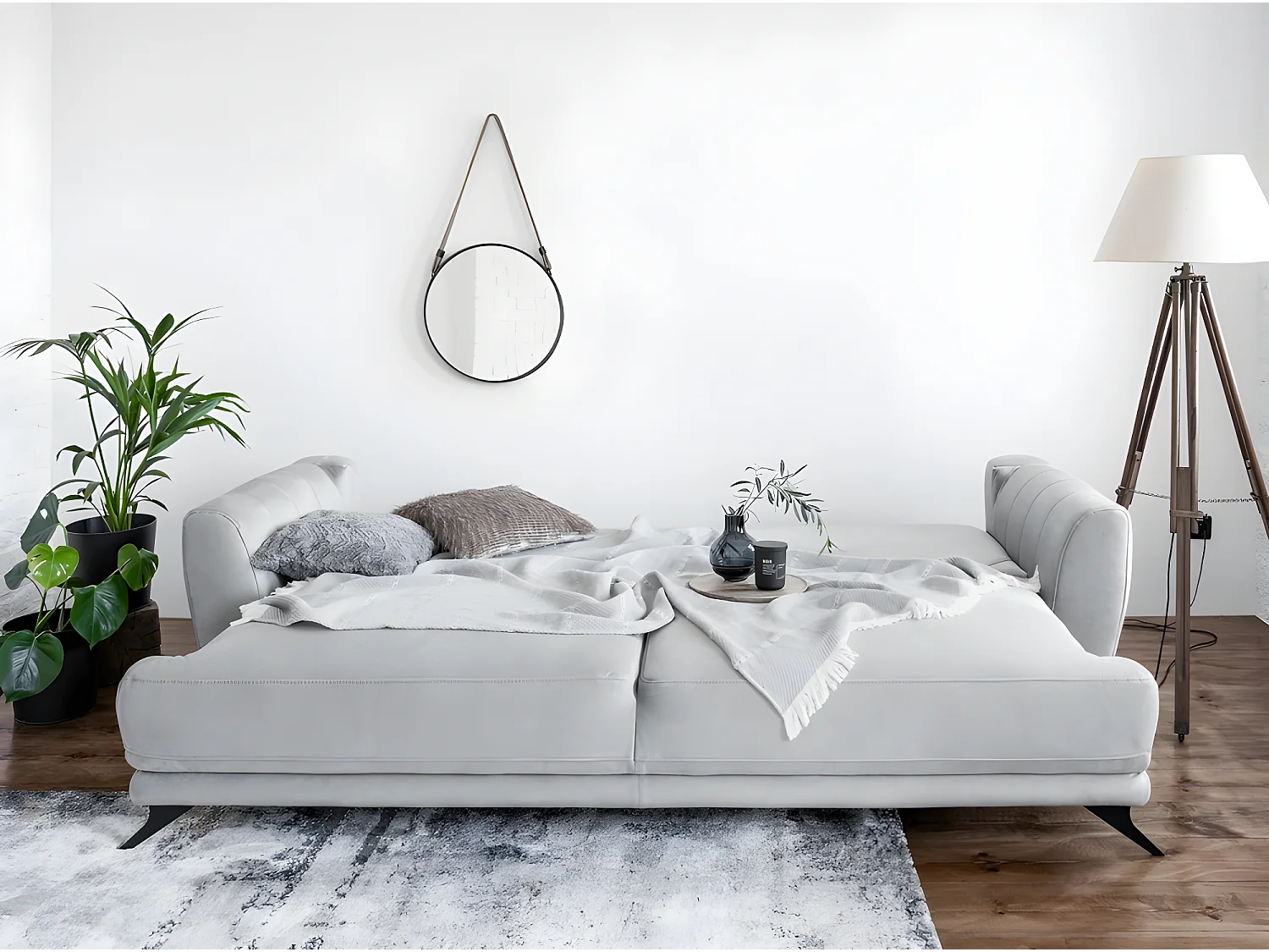 Canapé 3/4 places convertible - GRIS - en tissu velours de qualité luxe, MEGANE