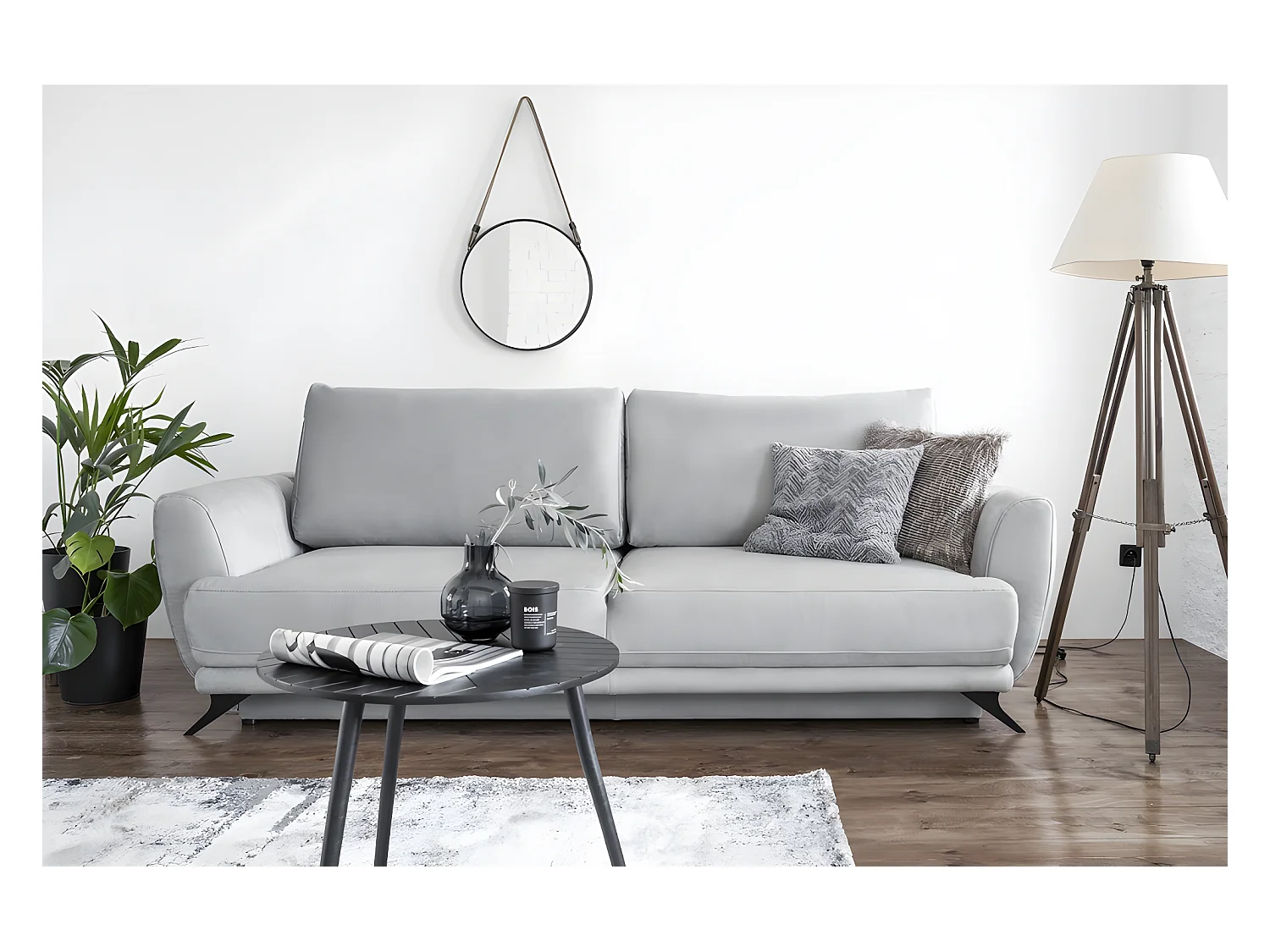 Canapé 3/4 places convertible - GRIS - en tissu velours de qualité luxe, MEGANE