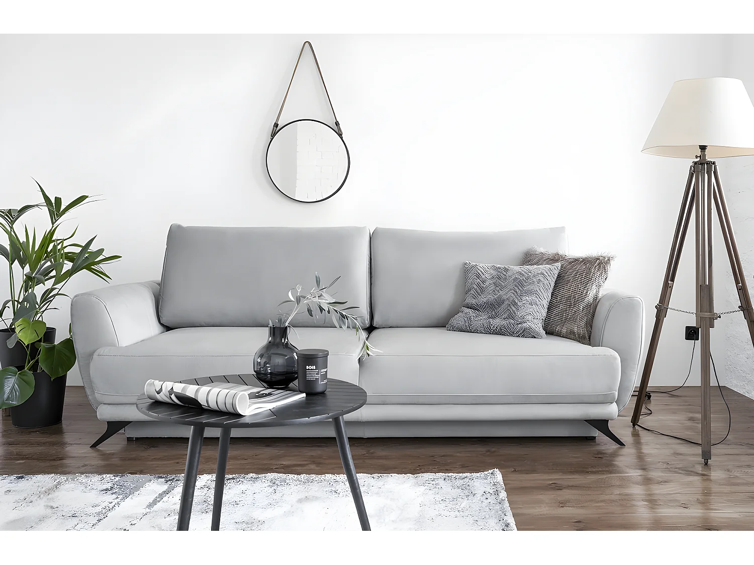 Canapé 3/4 places convertible - GRIS - en tissu velours de qualité luxe, MEGANE