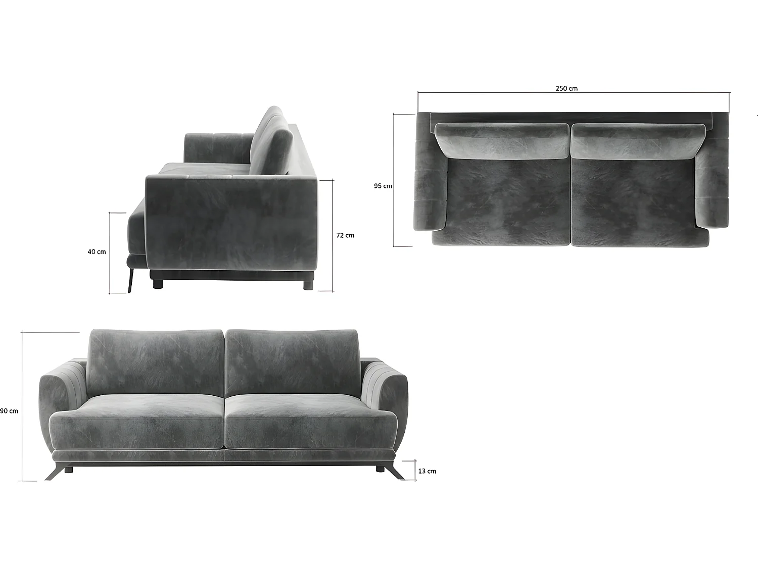 Canapé 3/4 places convertible - GRIS - en tissu velours de qualité luxe, MEGANE