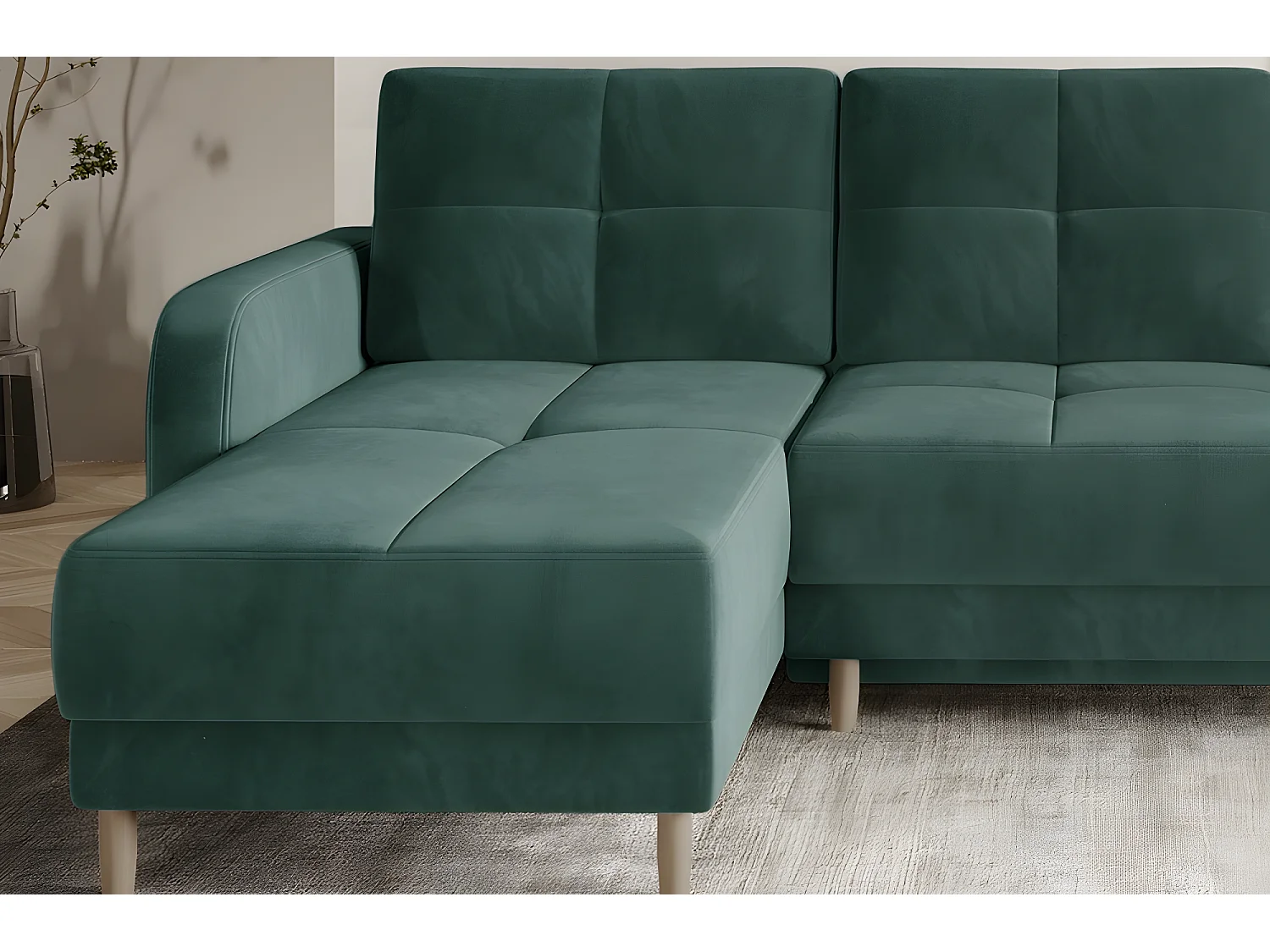 Canapé d'angle convertible en tissu velours luxe, rangement - vert foncé, angle gauche (vu de face), ROXANE VELOURS