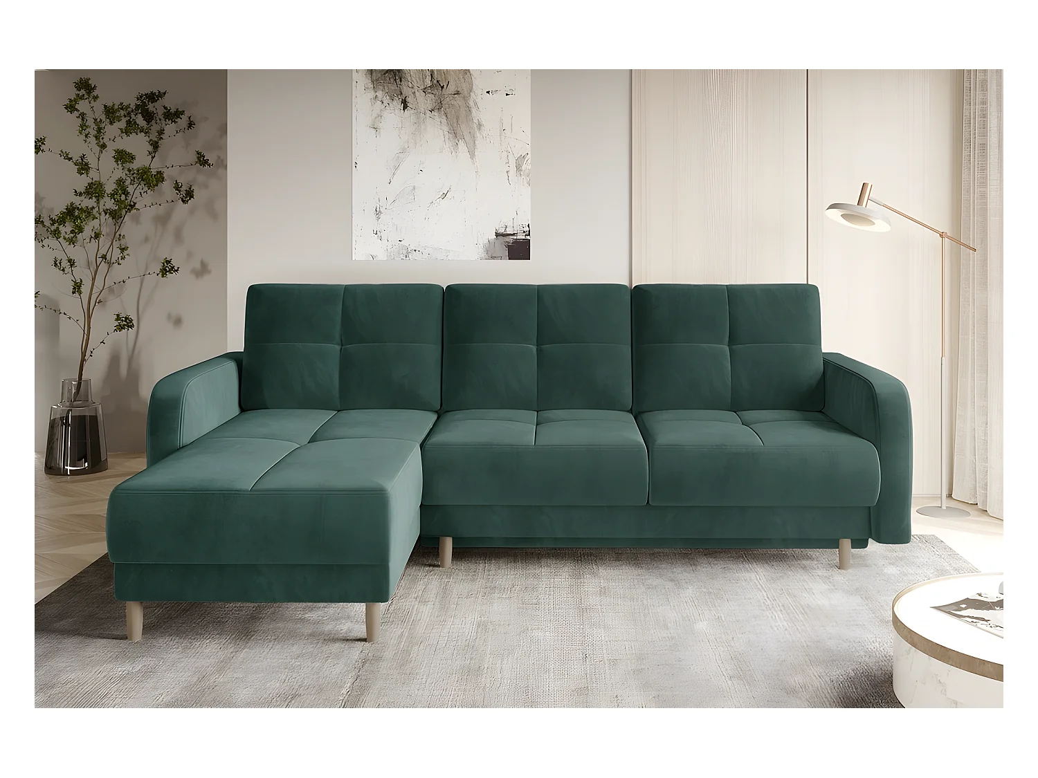 Canapé d'angle convertible en tissu velours luxe, rangement - vert foncé, angle gauche (vu de face), ROXANE VELOURS