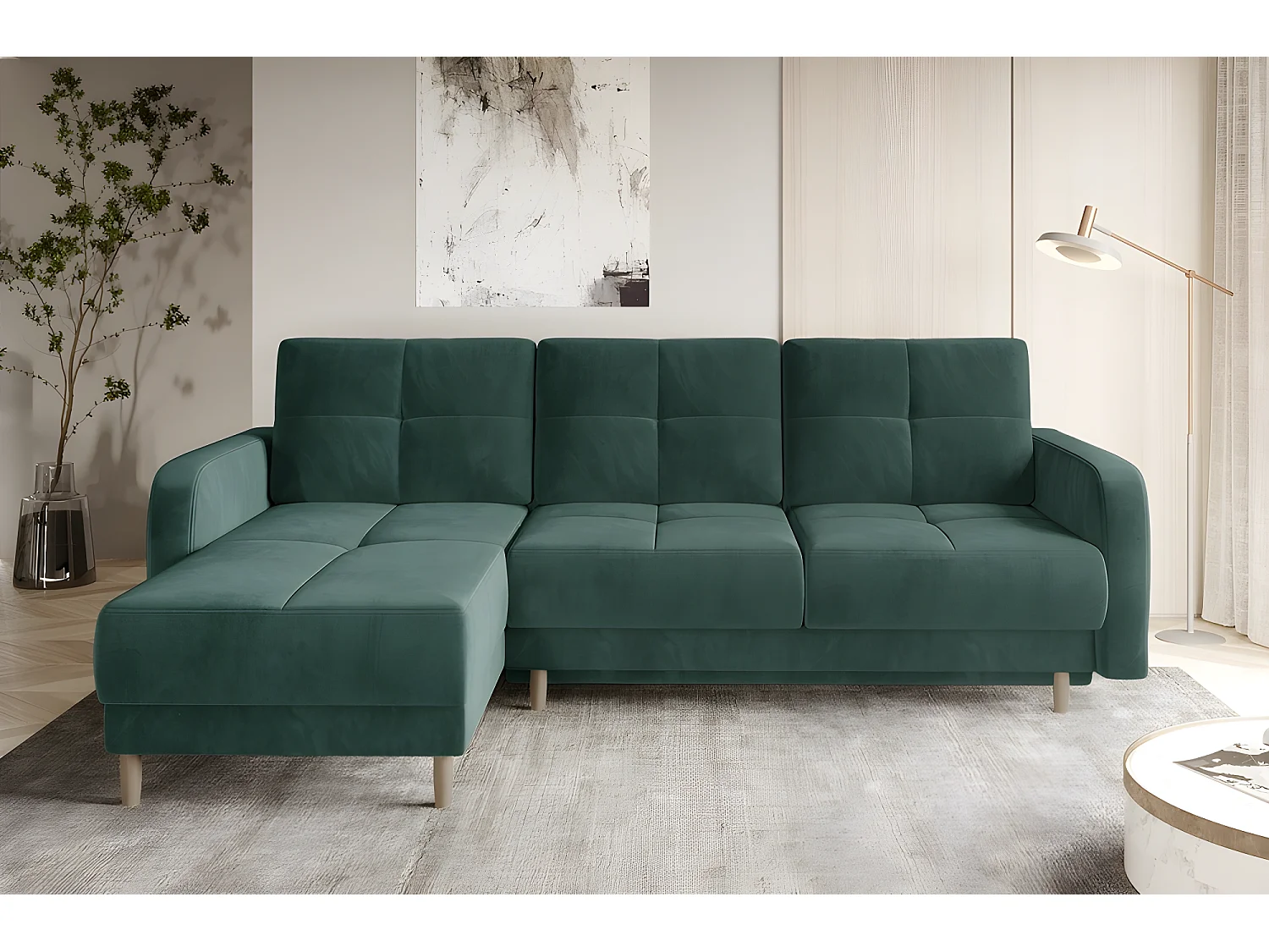 Canapé d'angle convertible en tissu velours luxe, rangement - vert foncé, angle gauche (vu de face), ROXANE VELOURS