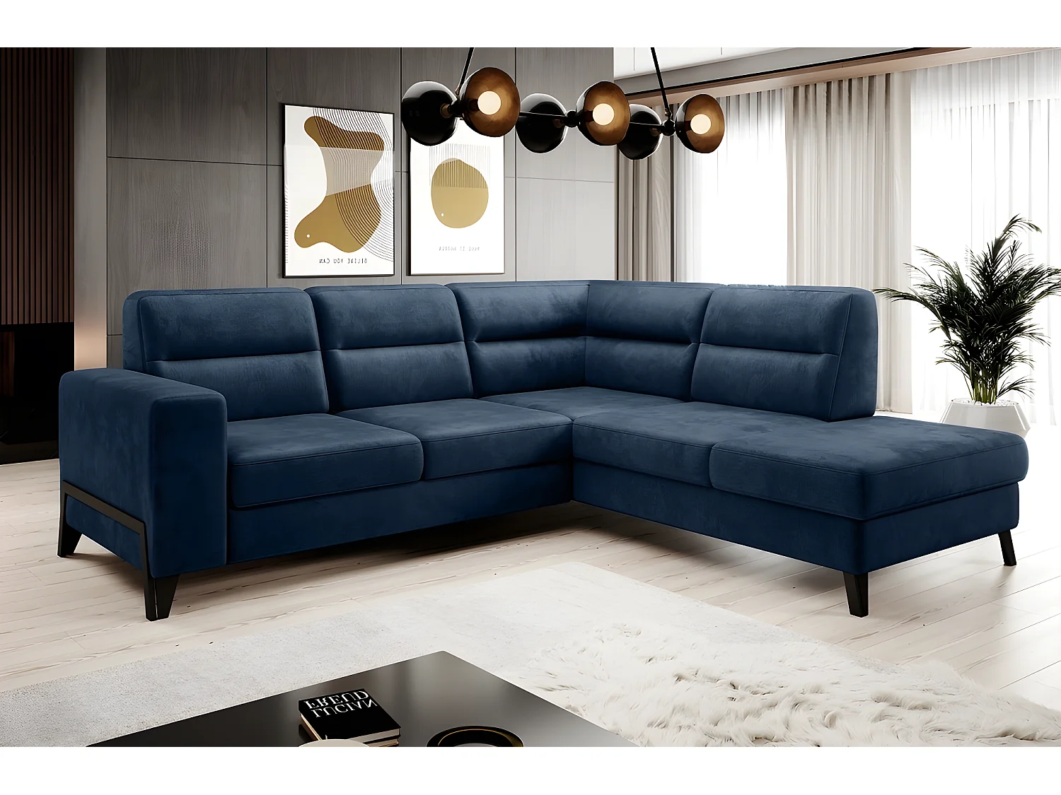 Canapé d'angle convertible - CASTA VELOURS - en tissu Luxe, bleu, 5/6 places, angle droit (vu de face)