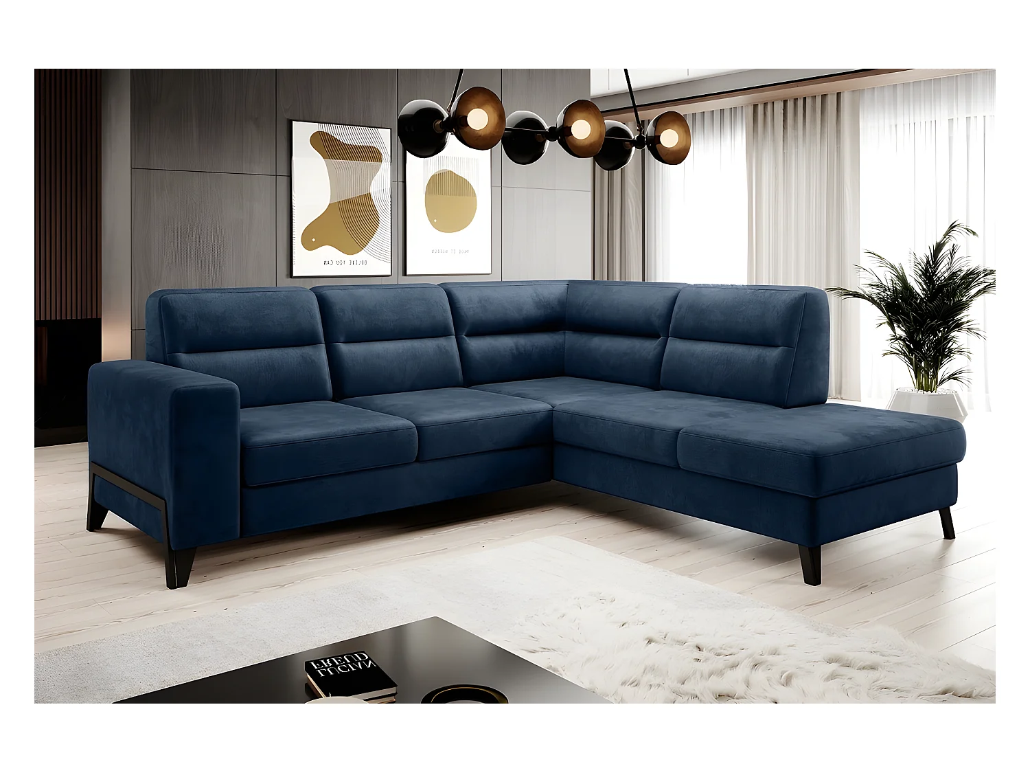 Canapé d'angle convertible - CASTA VELOURS - en tissu Luxe, bleu, 5/6 places, angle droit (vu de face)