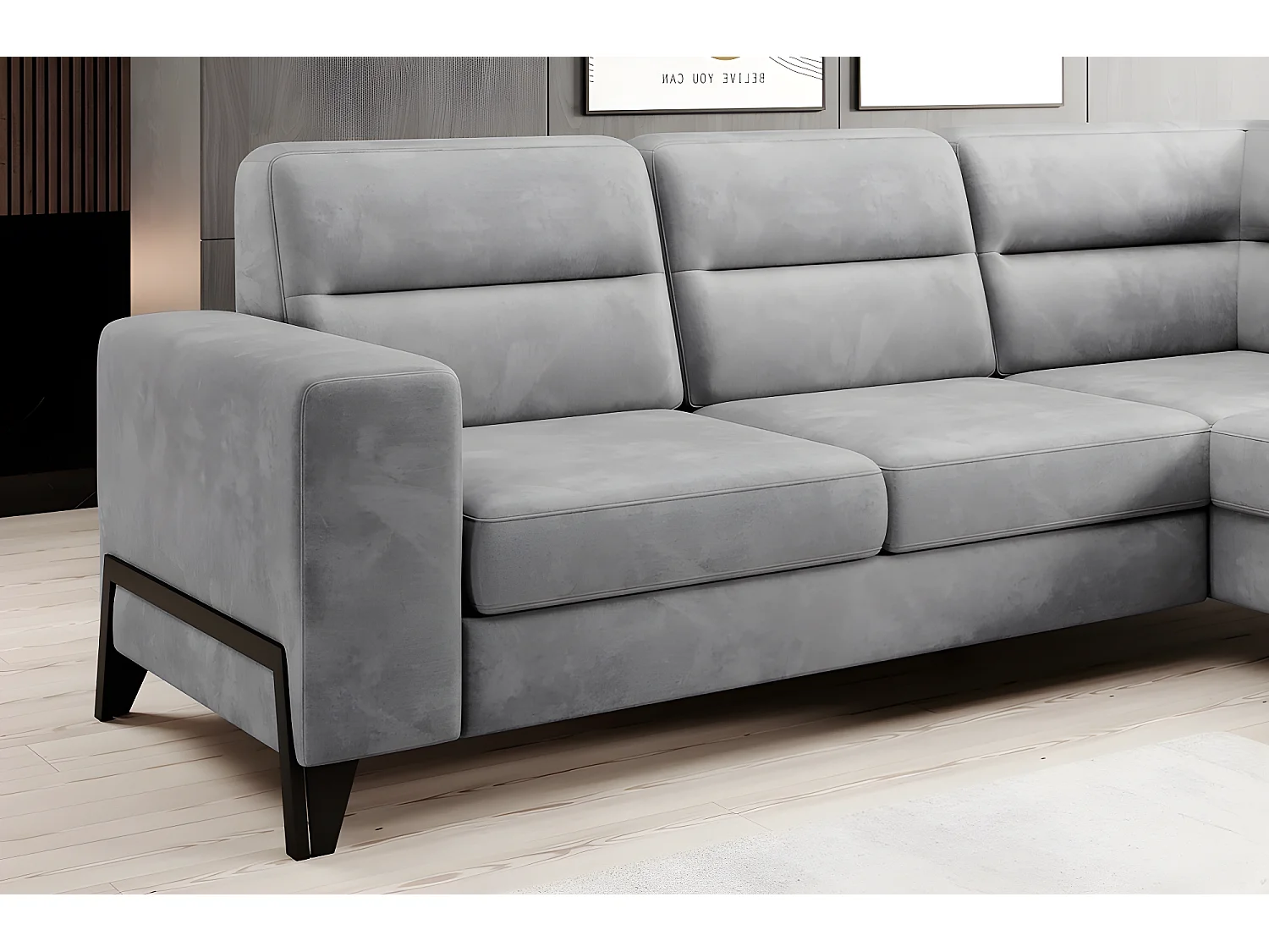 Canapé d'angle convertible - CASTA VELOURS - en tissu Luxe, gris, 5/6 places, angle droit (vu de face)