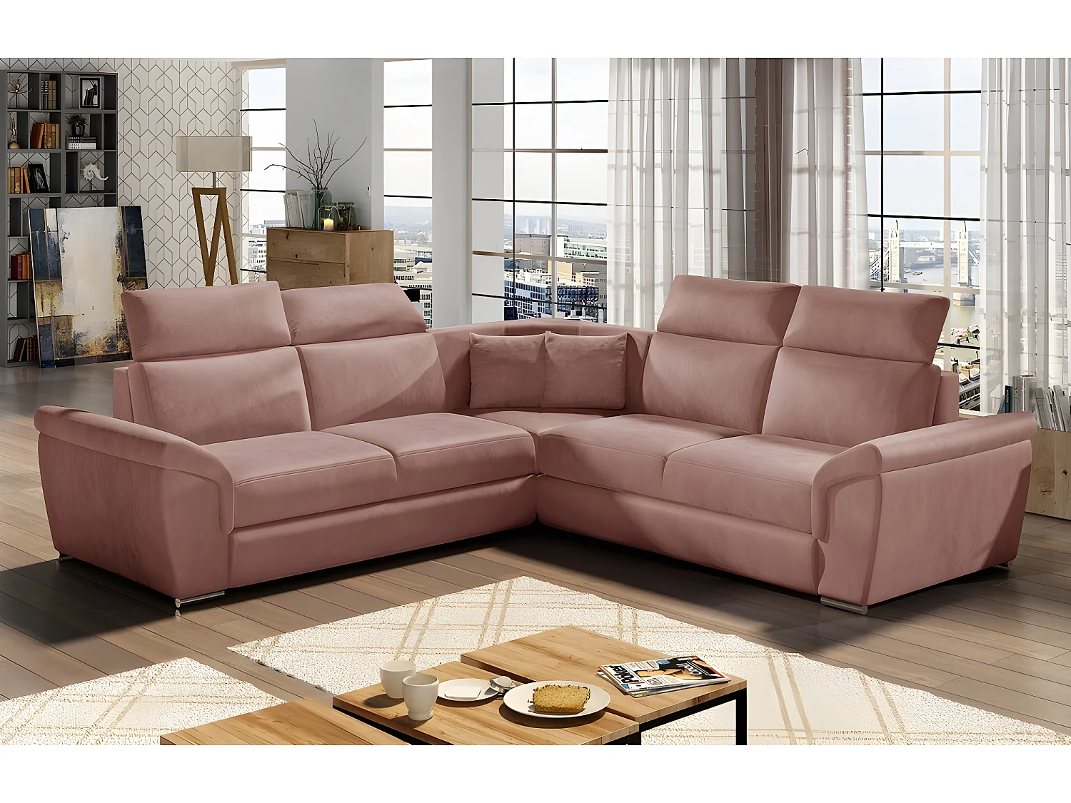 Canapé d'angle - convertible - FELIPE VELOURS - en tissu luxe rose pale, 5/6 places