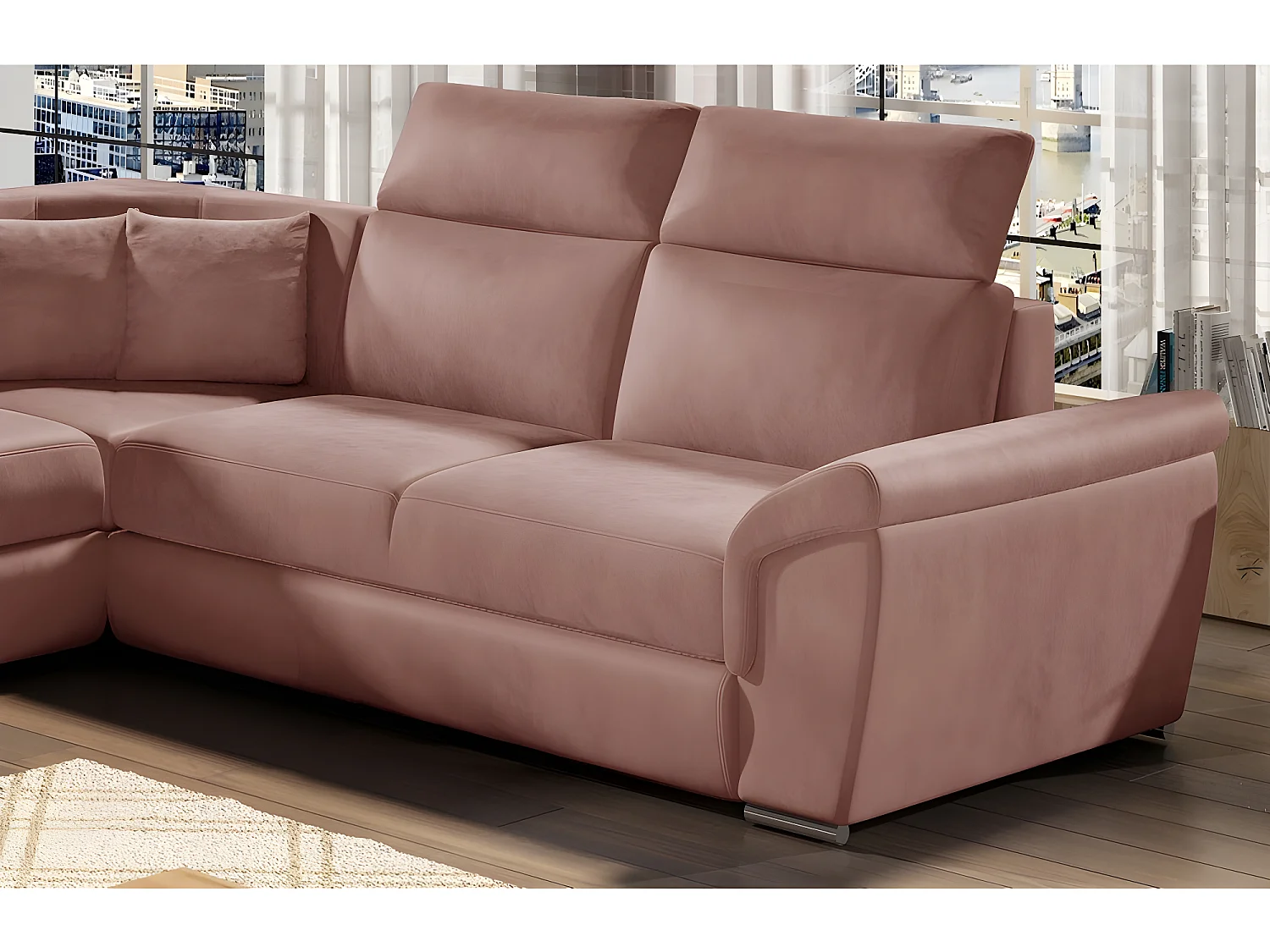 Canapé d'angle - convertible - FELIPE VELOURS - en tissu luxe rose pale, 5/6 places