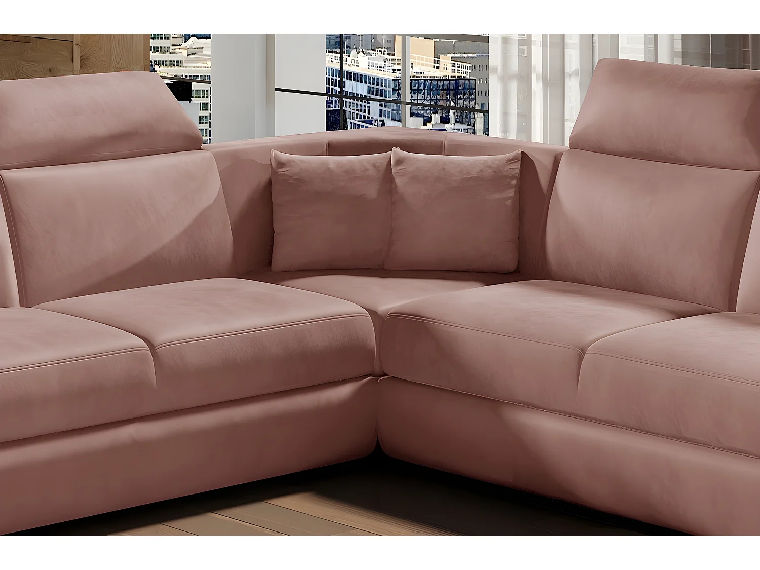 Canapé d'angle - convertible - FELIPE VELOURS - en tissu luxe rose pale, 5/6 places