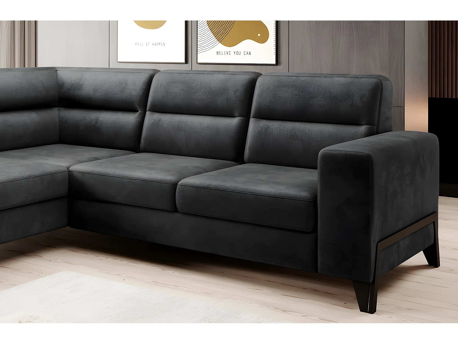 Canapé d'angle convertible - CASTA VELOURS - en tissu Luxe, anthracite, 5/6 places, angle gauche (vu de face)