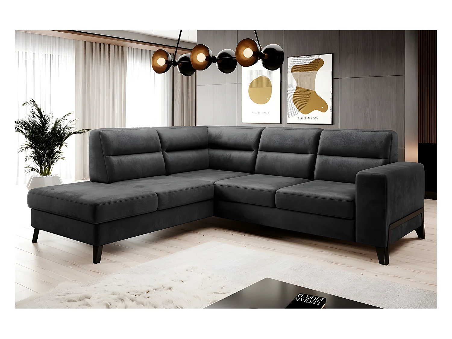 Canapé d'angle convertible - CASTA VELOURS - en tissu Luxe, anthracite, 5/6 places, angle gauche (vu de face)