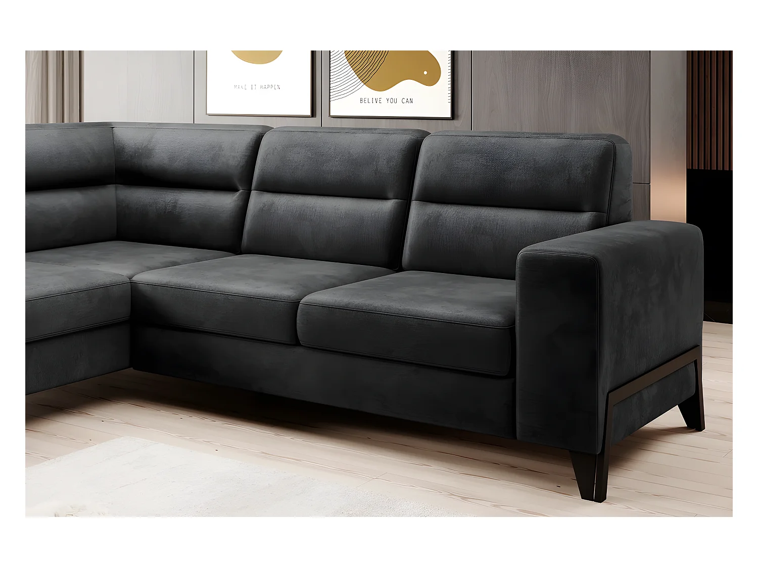 Canapé d'angle convertible - CASTA VELOURS - en tissu Luxe, anthracite, 5/6 places, angle gauche (vu de face)