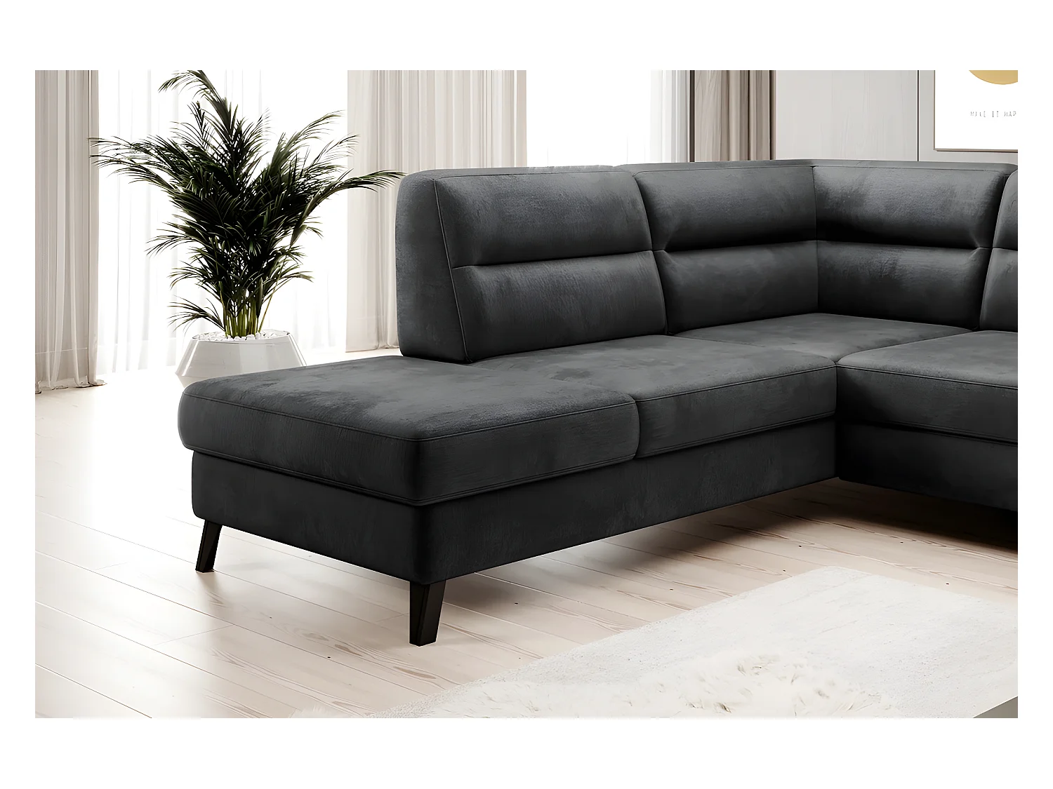 Canapé d'angle convertible - CASTA VELOURS - en tissu Luxe, anthracite, 5/6 places, angle gauche (vu de face)