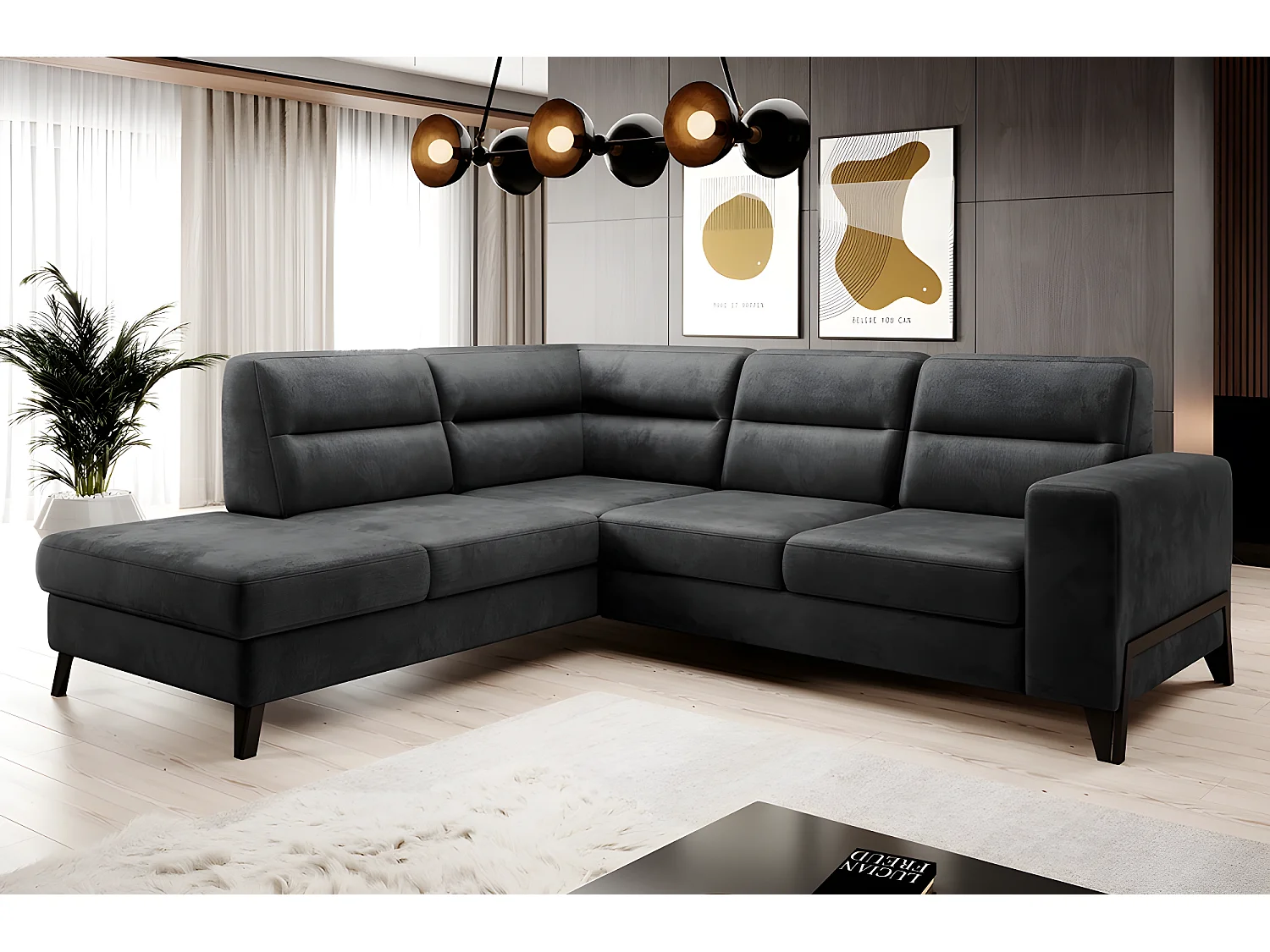 Canapé d'angle convertible - CASTA VELOURS - en tissu Luxe, anthracite, 5/6 places, angle gauche (vu de face)