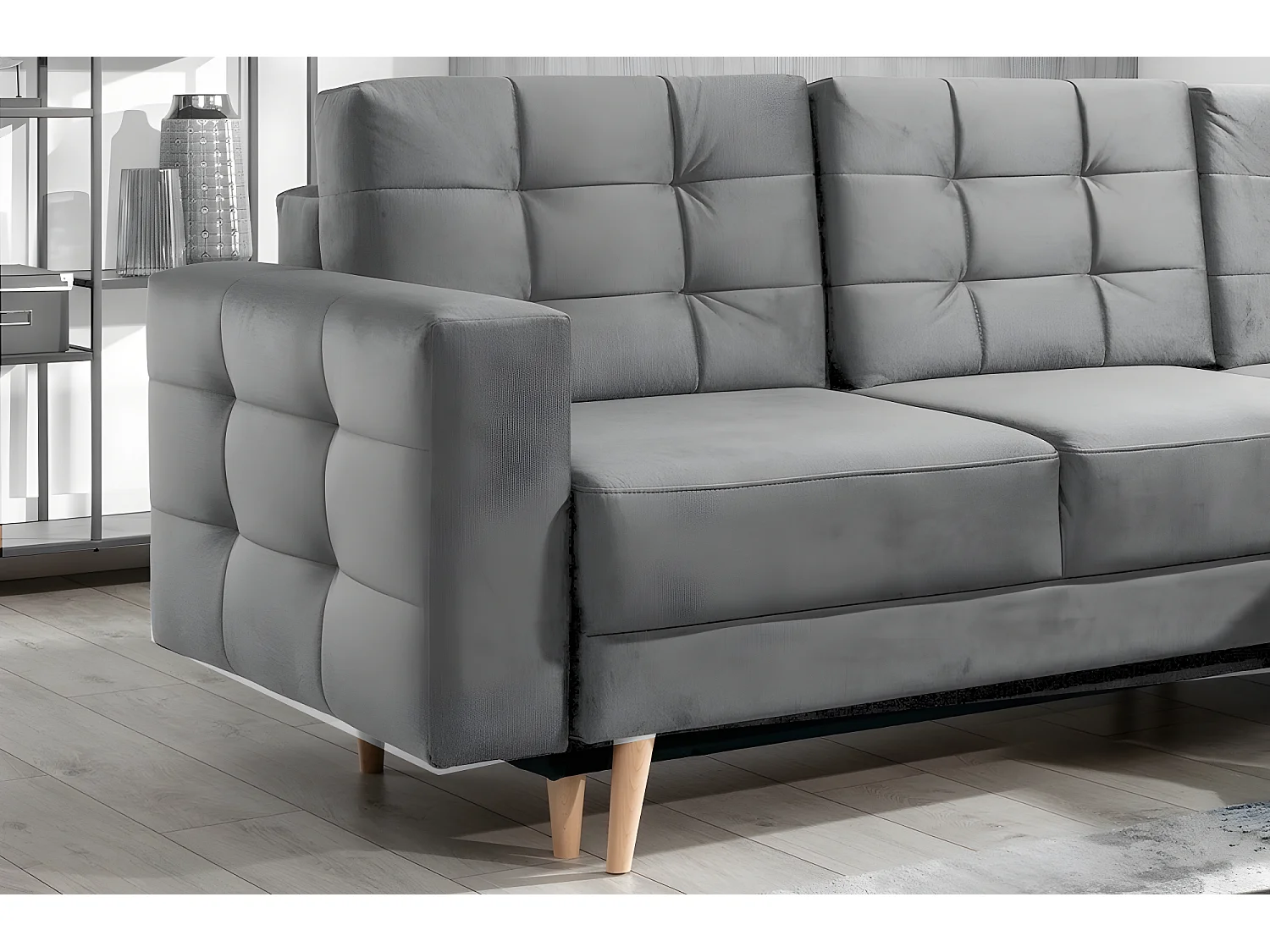 Canapé d'angle convertible ASSIA VELOURS - en tissu de qualité 5 places, gris, angle droit (vu de face)