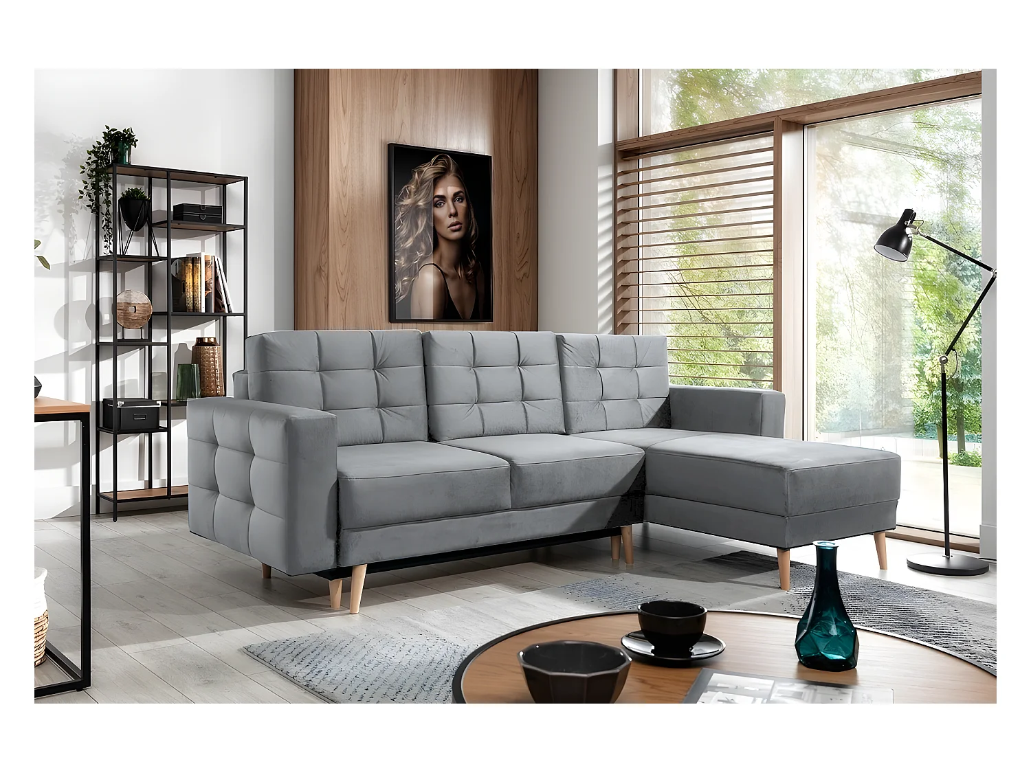 Canapé d'angle convertible ASSIA VELOURS - en tissu de qualité 5 places, gris, angle droit (vu de face)