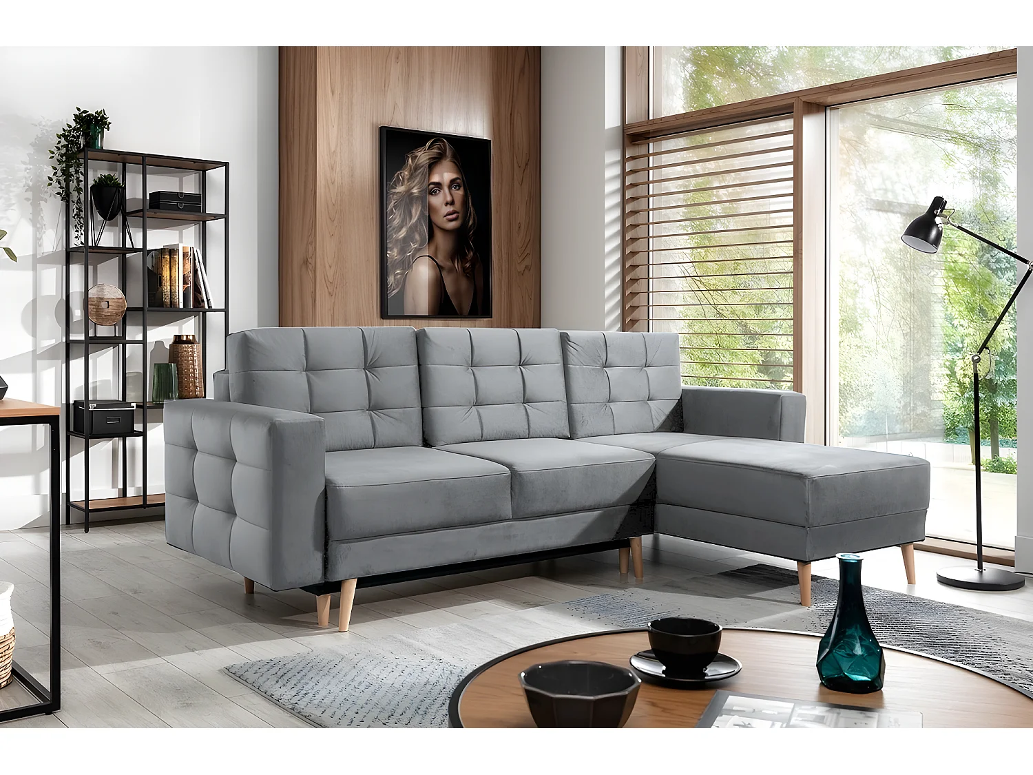 Canapé d'angle convertible ASSIA VELOURS - en tissu de qualité 5 places, gris, angle droit (vu de face)