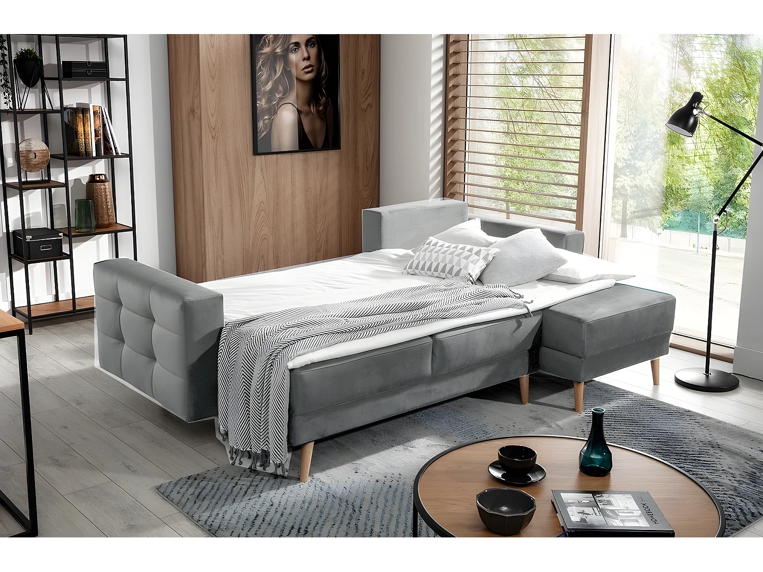 Canapé d'angle convertible ASSIA VELOURS - en tissu de qualité 5 places, gris, angle droit (vu de face)