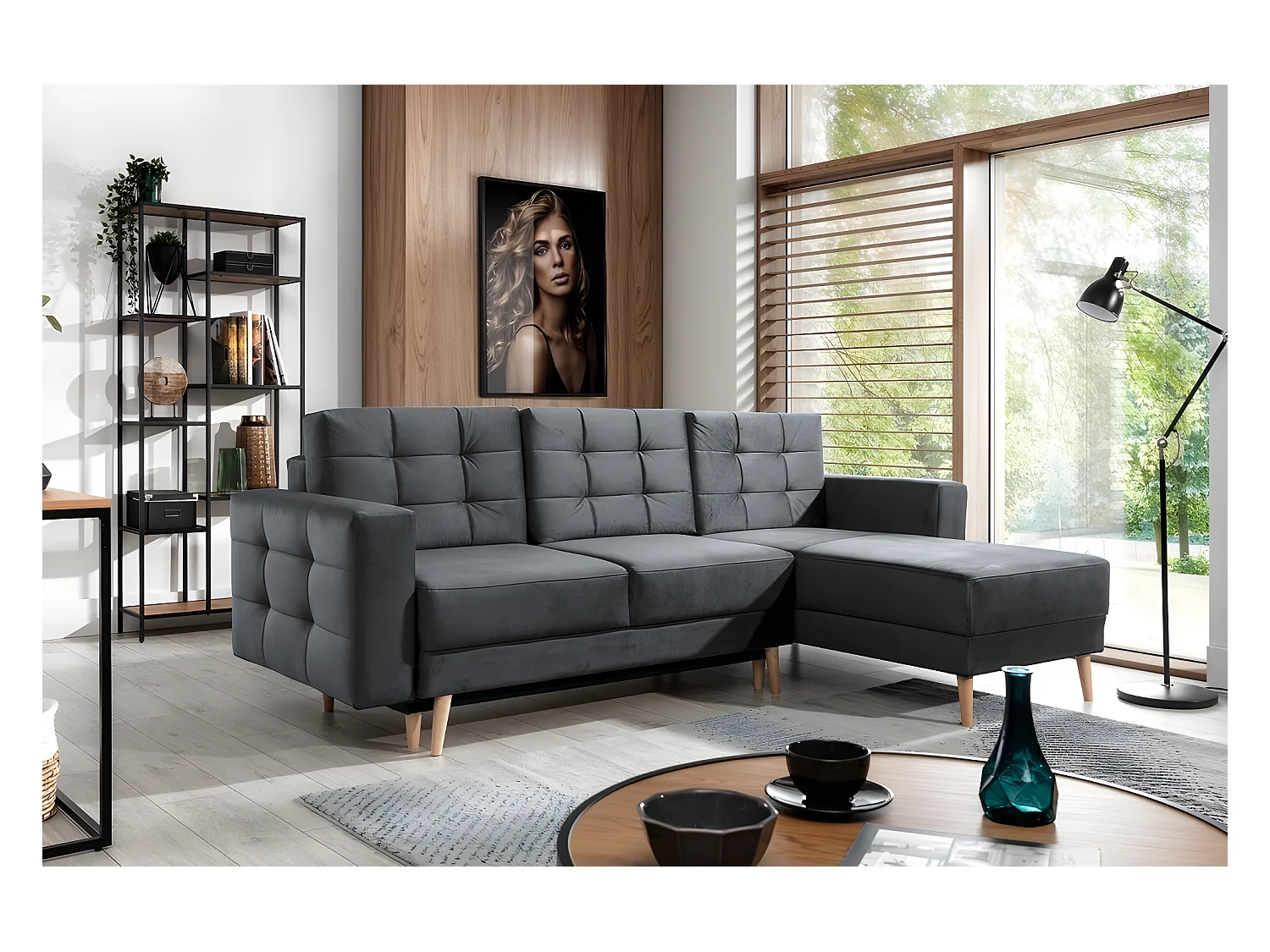 Canapé d'angle convertible ASSIA VELOURS - en tissu de qualité 5 places, gris anthracite, angle droit (vu de face)