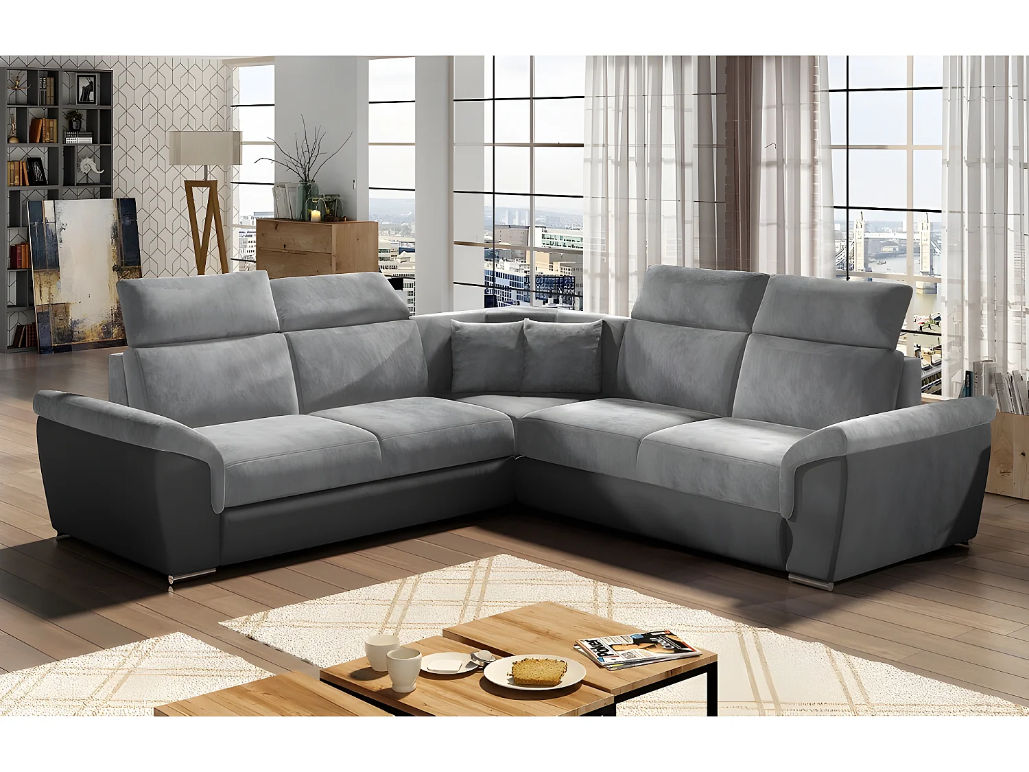 Canapé d'angle - convertible - FELIPE VELOURS - en tissu luxe gris clair et gris foncé, 5/6 places