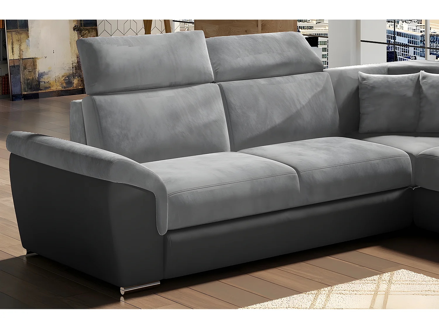 Canapé d'angle - convertible - FELIPE VELOURS - en tissu luxe gris clair et gris foncé, 5/6 places