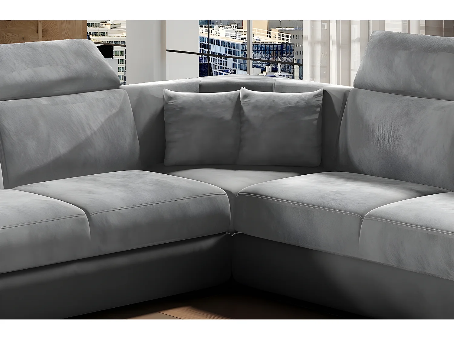 Canapé d'angle - convertible - FELIPE VELOURS - en tissu luxe gris clair et gris foncé, 5/6 places