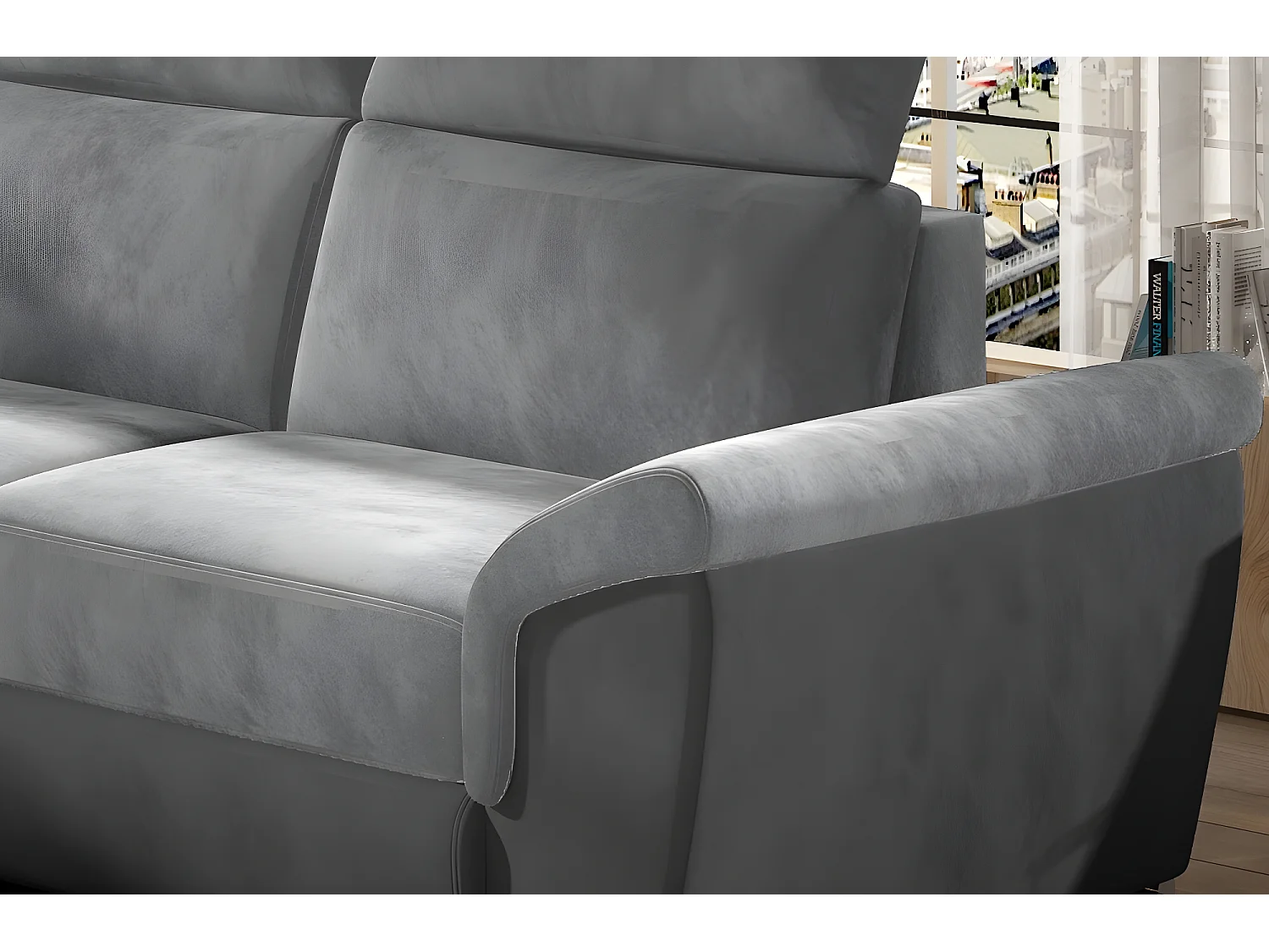 Canapé d'angle - convertible - FELIPE VELOURS - en tissu luxe gris clair et gris foncé, 5/6 places