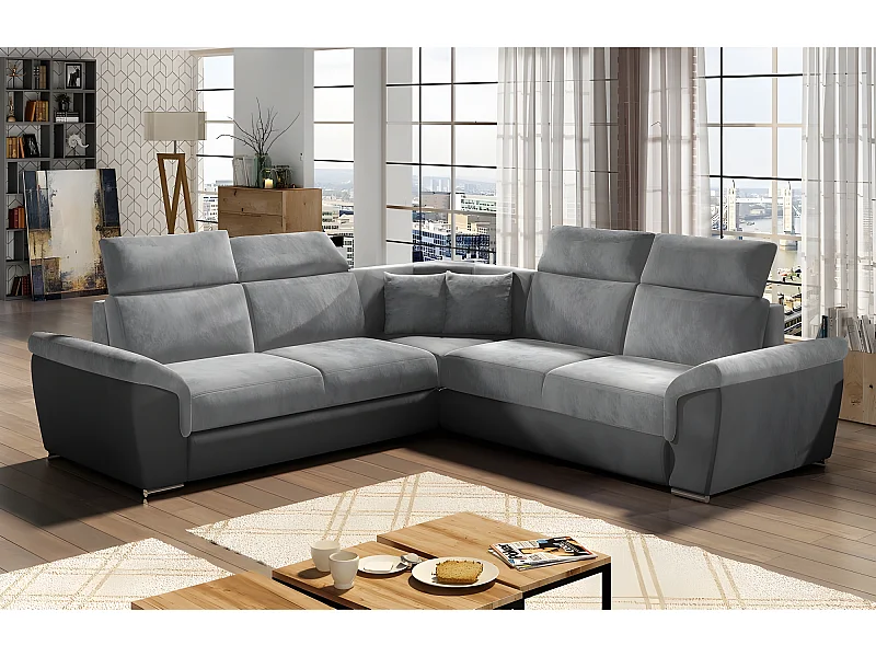 Canapé d'angle - convertible - FELIPE VELOURS - en tissu luxe gris clair et gris foncé, 5/6 places