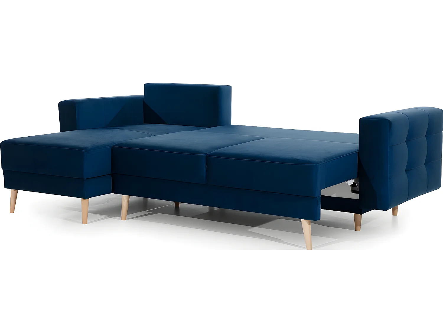 Canapé d'angle convertible ASSIA VELOURS - en tissu de qualité 5 places, bleu foncé, angle gauche (vu de face)