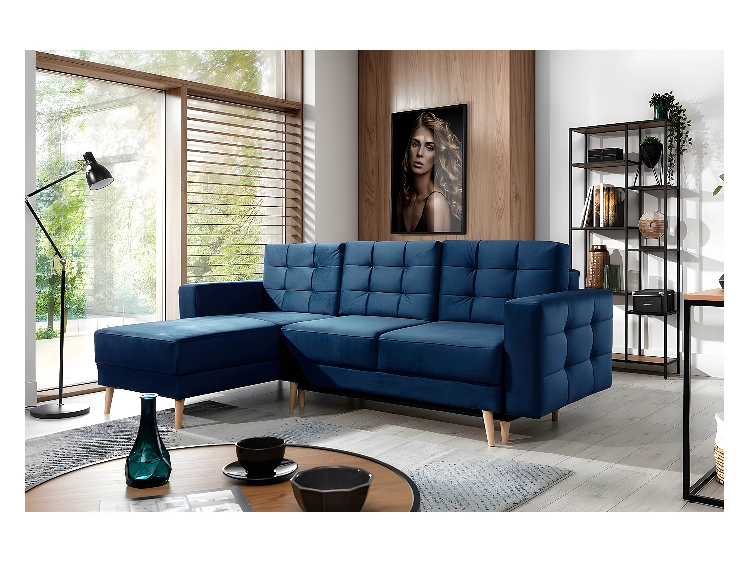 Canapé d'angle convertible ASSIA VELOURS - en tissu de qualité 5 places, bleu foncé, angle gauche (vu de face)