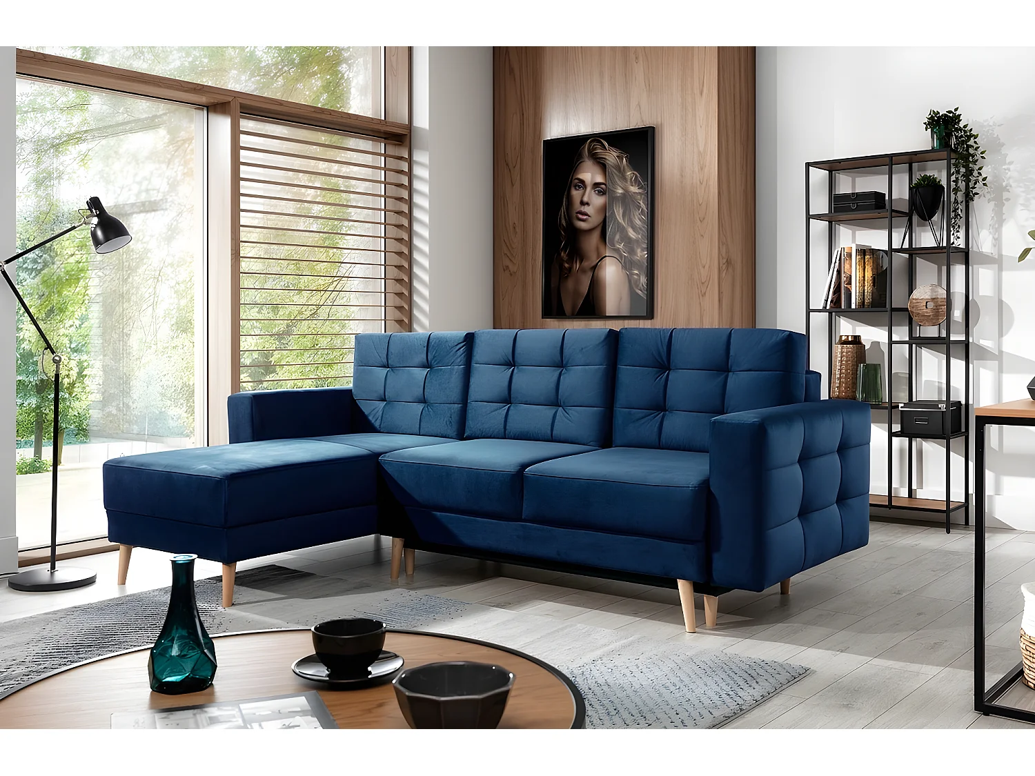 Canapé d'angle convertible ASSIA VELOURS - en tissu de qualité 5 places, bleu foncé, angle gauche (vu de face)