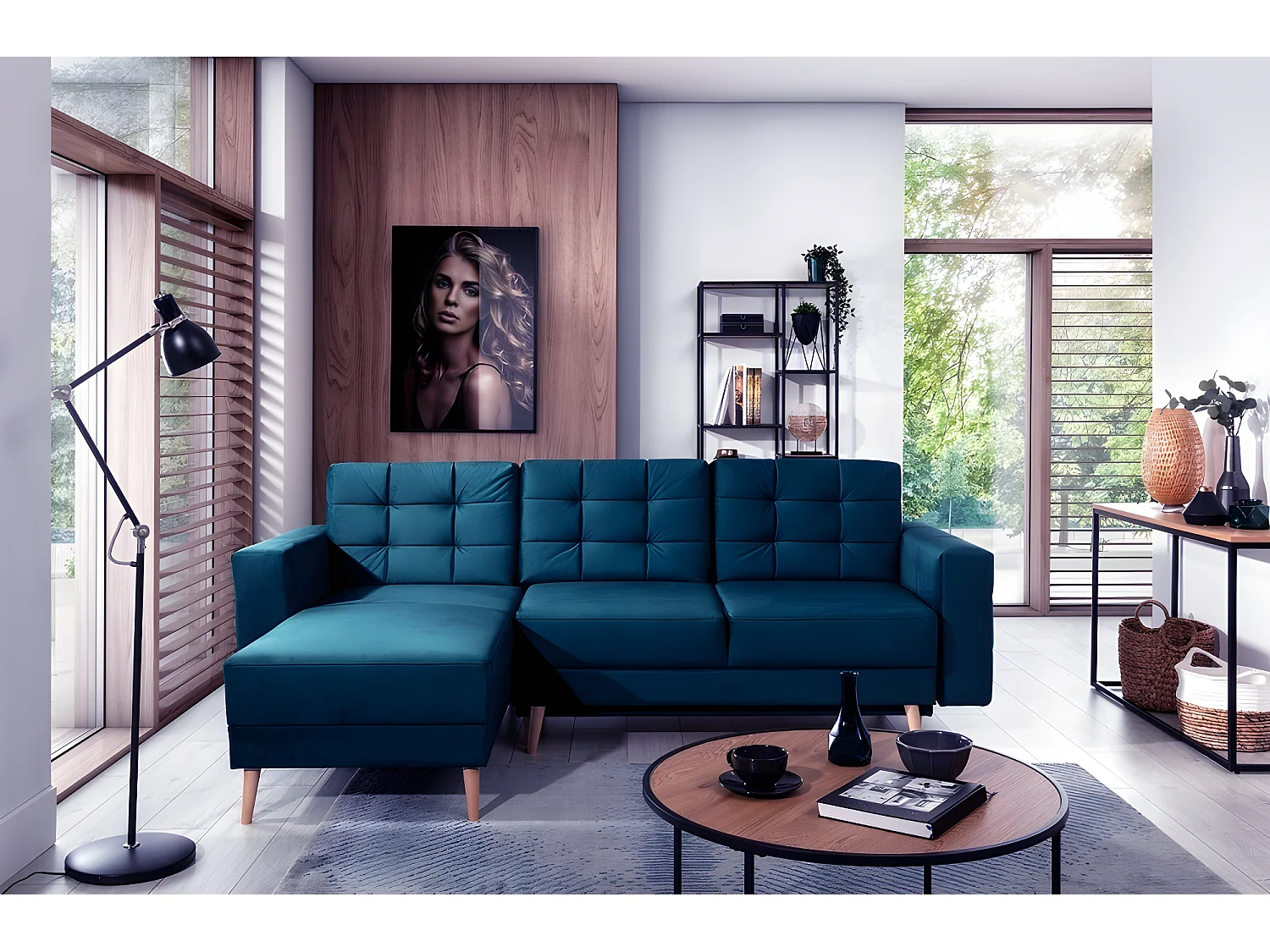 Canapé d'angle convertible ASSIA VELOURS - en tissu de qualité 5 places, bleu foncé, angle gauche (vu de face)