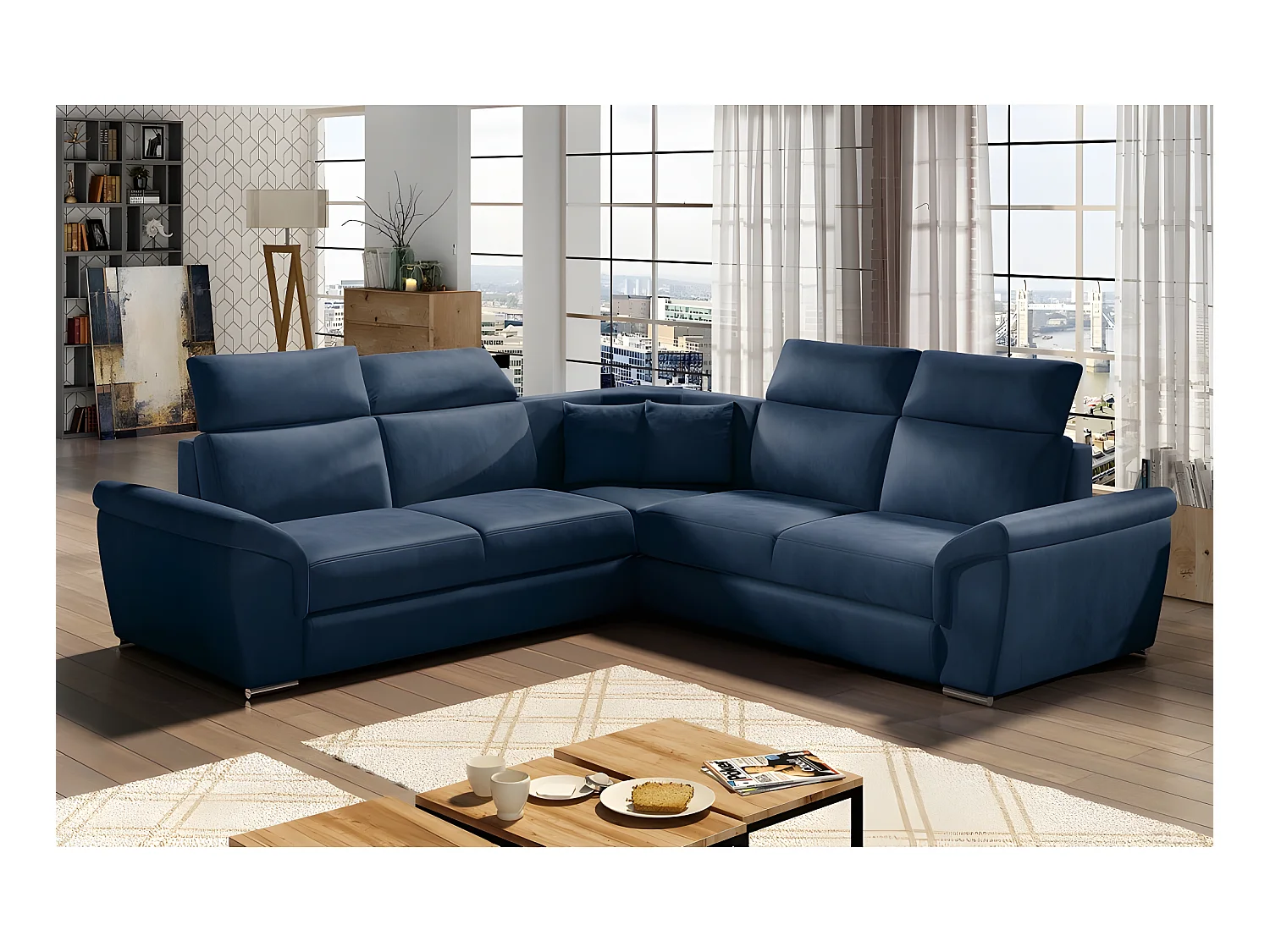 Canapé d'angle - convertible - FELIPE VELOURS - en tissu luxe bleu, 5/6 places