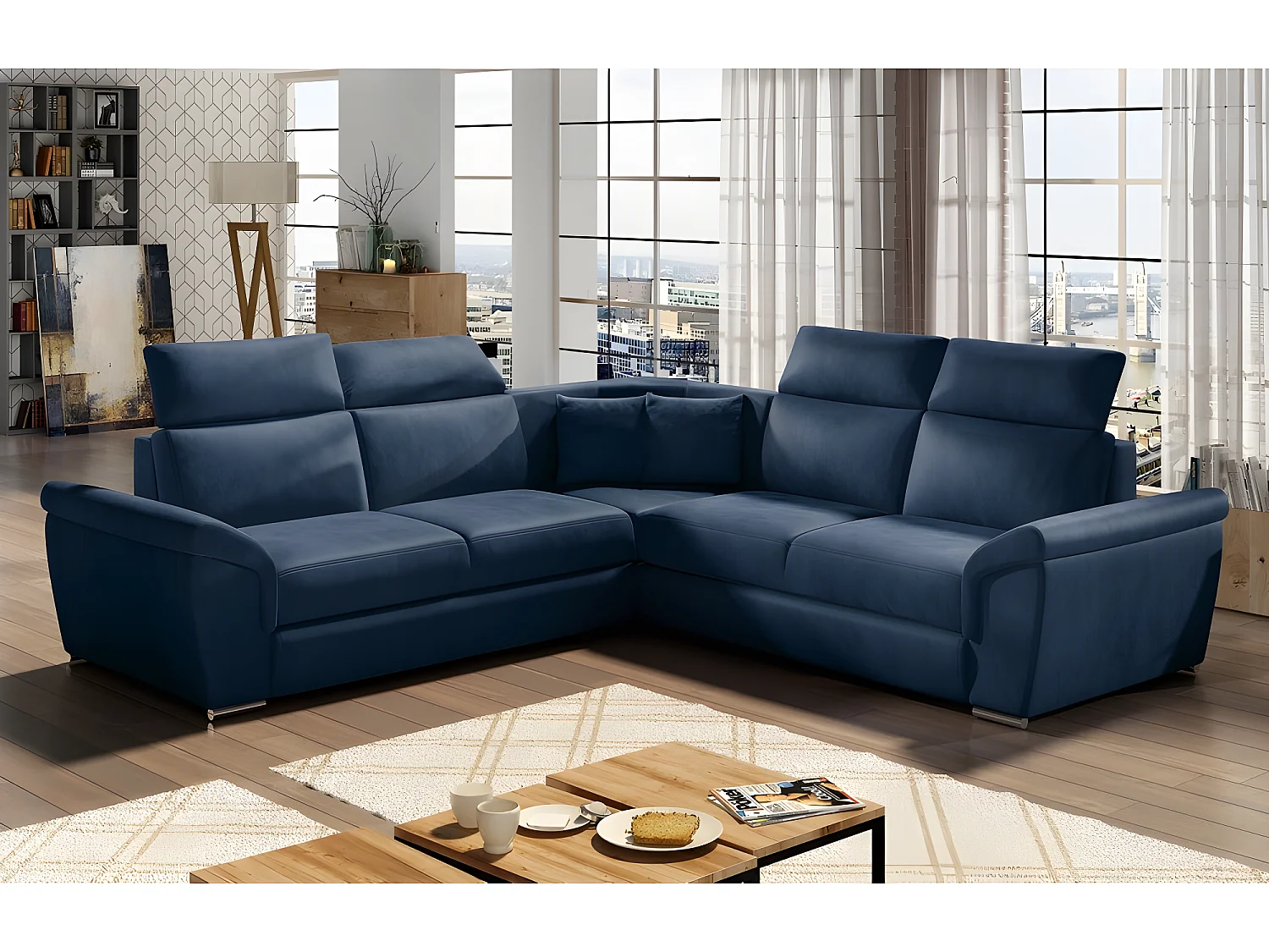 Canapé d'angle - convertible - FELIPE VELOURS - en tissu luxe bleu, 5/6 places