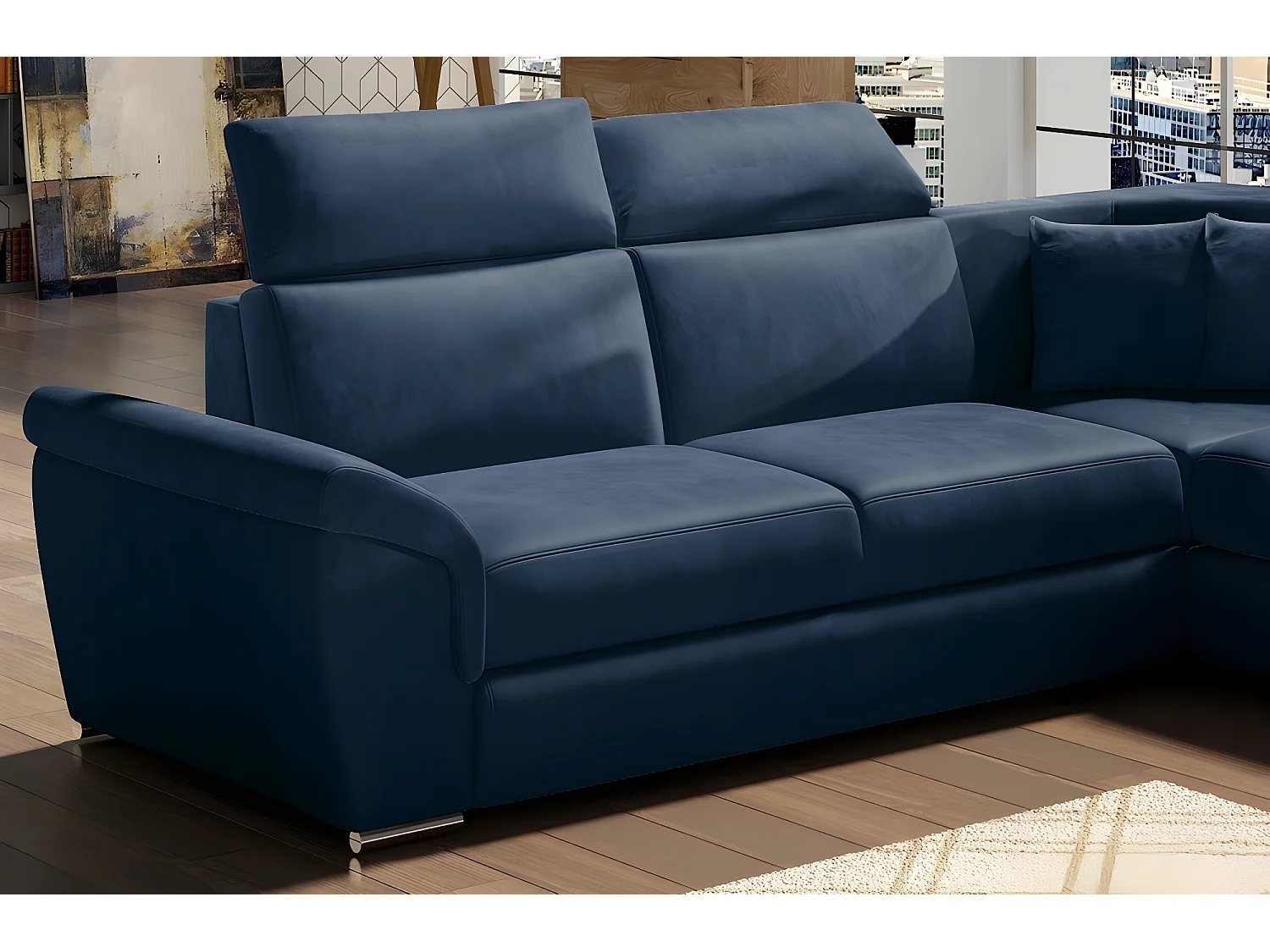 Canapé d'angle - convertible - FELIPE VELOURS - en tissu luxe bleu, 5/6 places