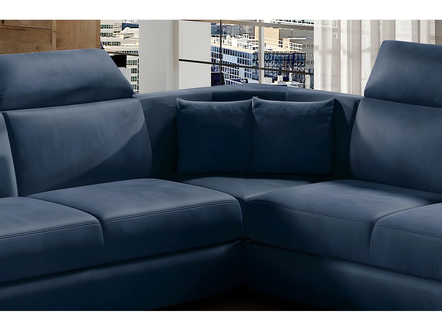 Canapé d'angle - convertible - FELIPE VELOURS - en tissu luxe bleu, 5/6 places