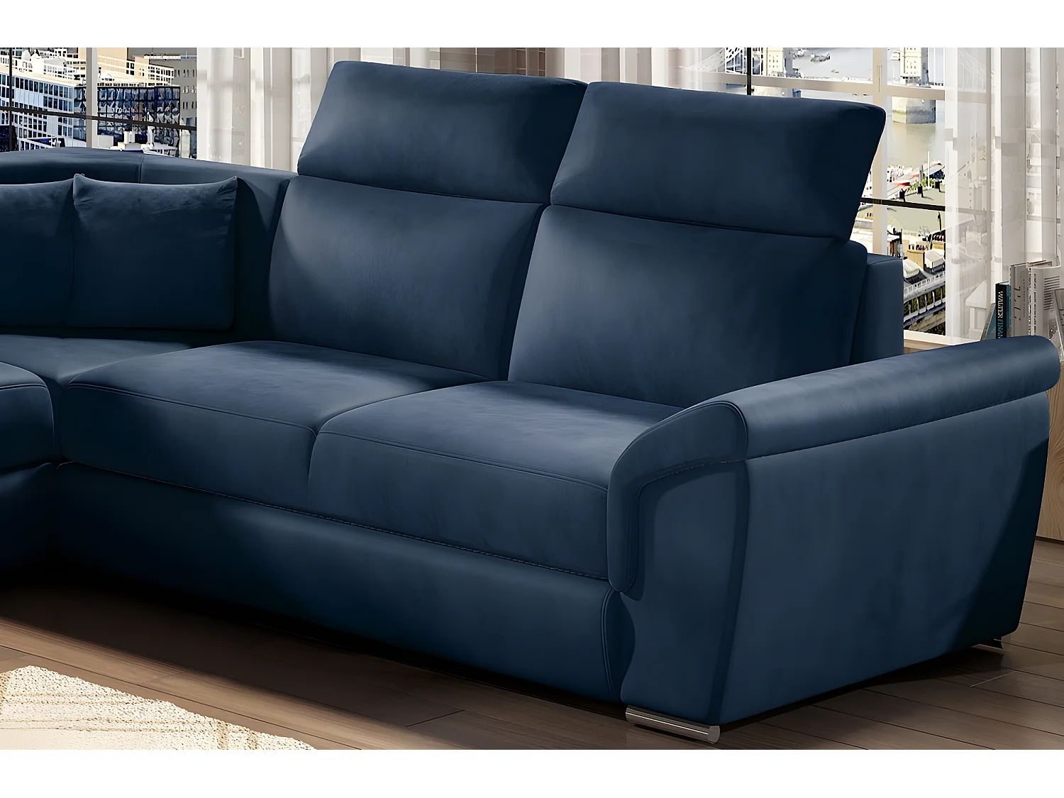 Canapé d'angle - convertible - FELIPE VELOURS - en tissu luxe bleu, 5/6 places