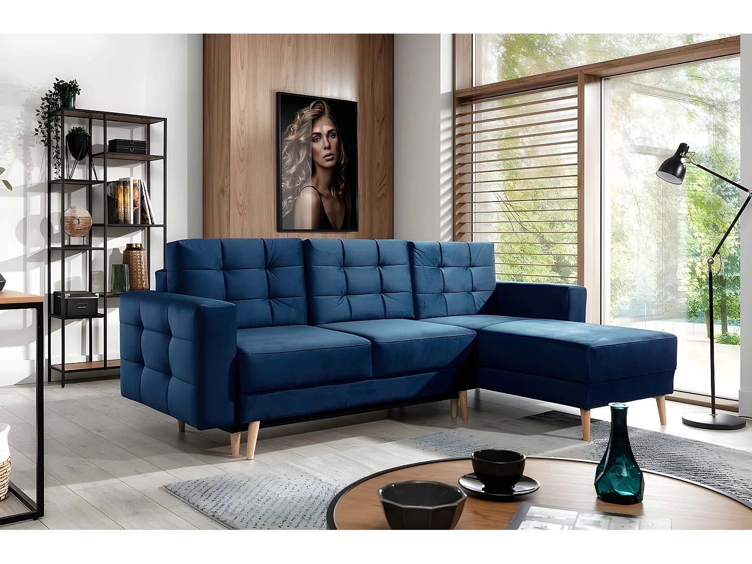 Canapé d'angle convertible ASSIA VELOURS - en tissu de qualité 5 places, bleu foncé, angle droit (vu de face)