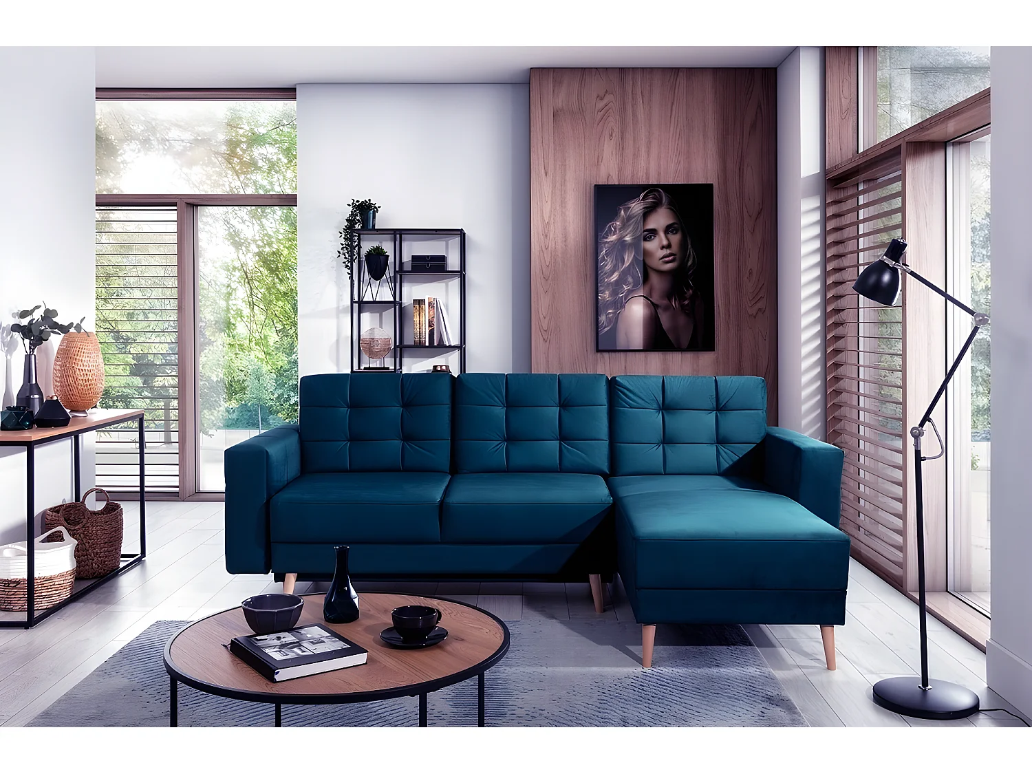 Canapé d'angle convertible ASSIA VELOURS - en tissu de qualité 5 places, bleu foncé, angle droit (vu de face)