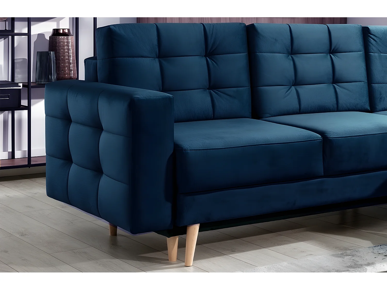 Canapé d'angle convertible ASSIA VELOURS - en tissu de qualité 5 places, bleu foncé, angle droit (vu de face)