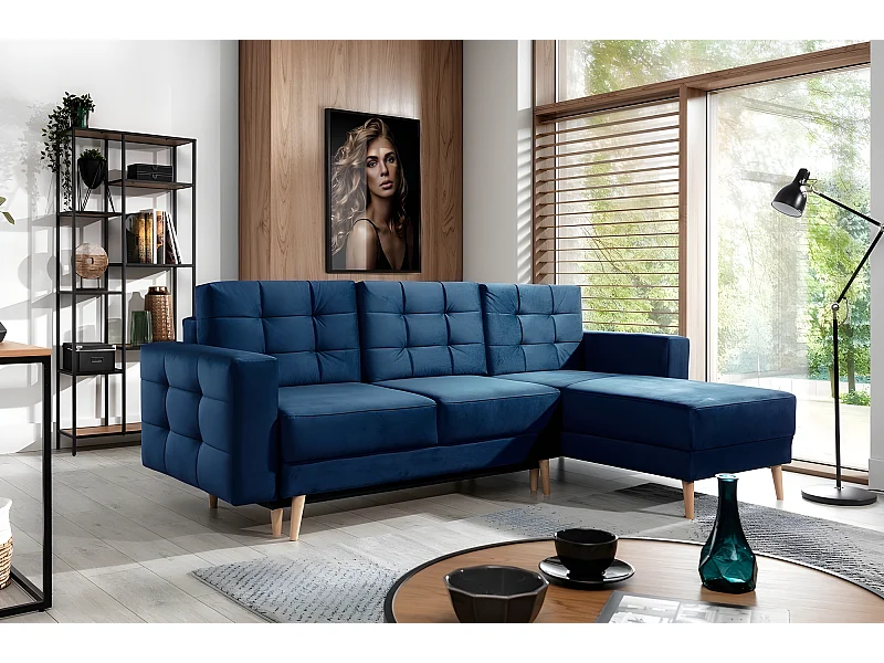 Canapé d'angle convertible ASSIA VELOURS - en tissu de qualité 5 places, bleu foncé, angle droit (vu de face)