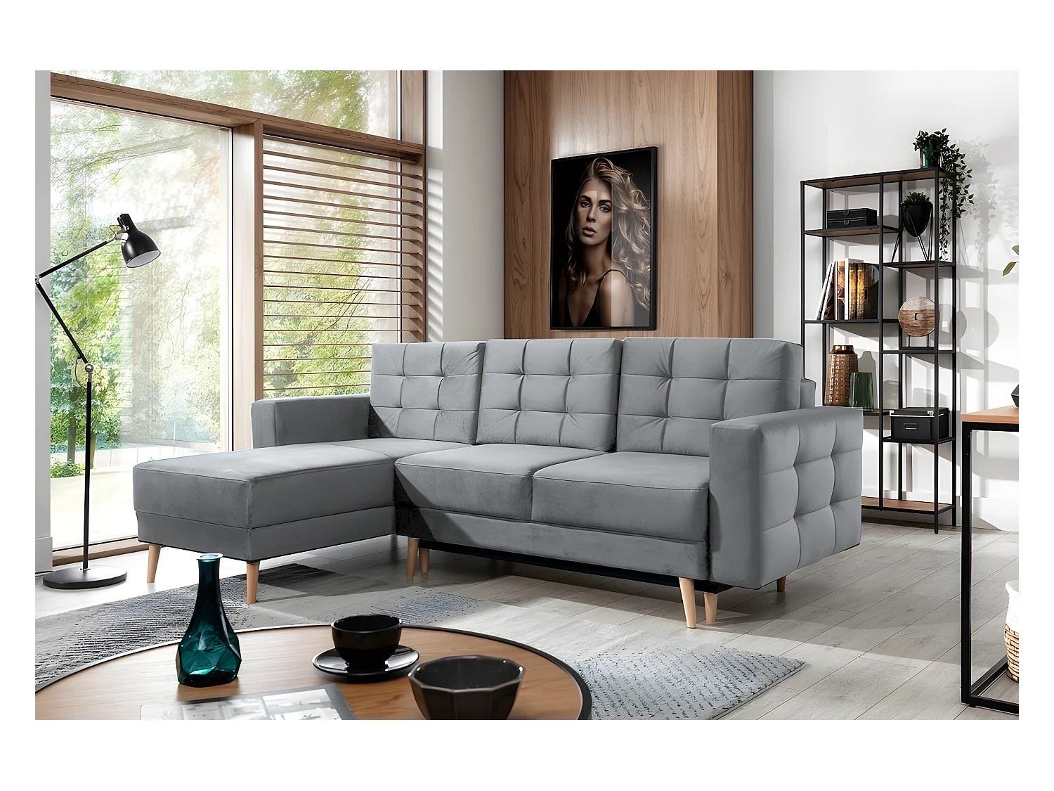 Canapé d'angle convertible - ASSIA VELOURS - en tissu de qualité 5 places, gris, angle gauche (vu de face)