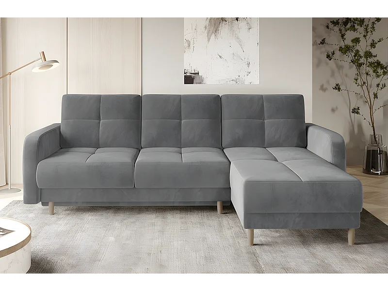 Canapé d'angle convertible en tissu velours luxe, rangement - gris, angle droit(vu de face), ROXANE VELOURS
