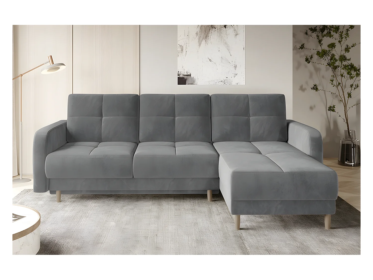 Canapé d'angle convertible en tissu velours luxe, rangement - gris, angle droit(vu de face), ROXANE VELOURS